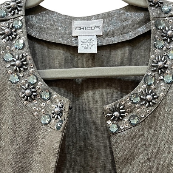 Chico’s 100% Linen Taupe Metallic Open Front Jacket Jeweled Neckline Sz S - Picture 9 of 11